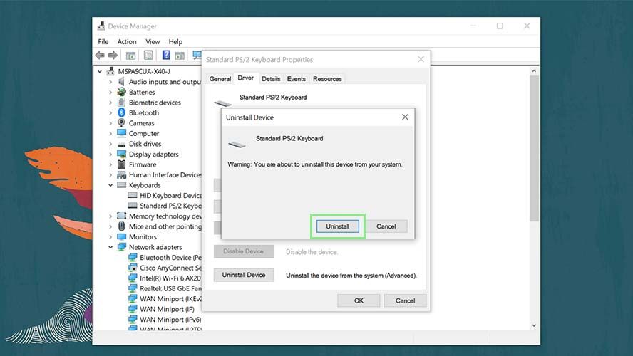 Opción Desinstalar dispositivo para un teclado en Windows