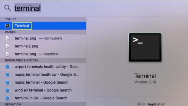 Aplicación Terminal en resultados de Spotlight